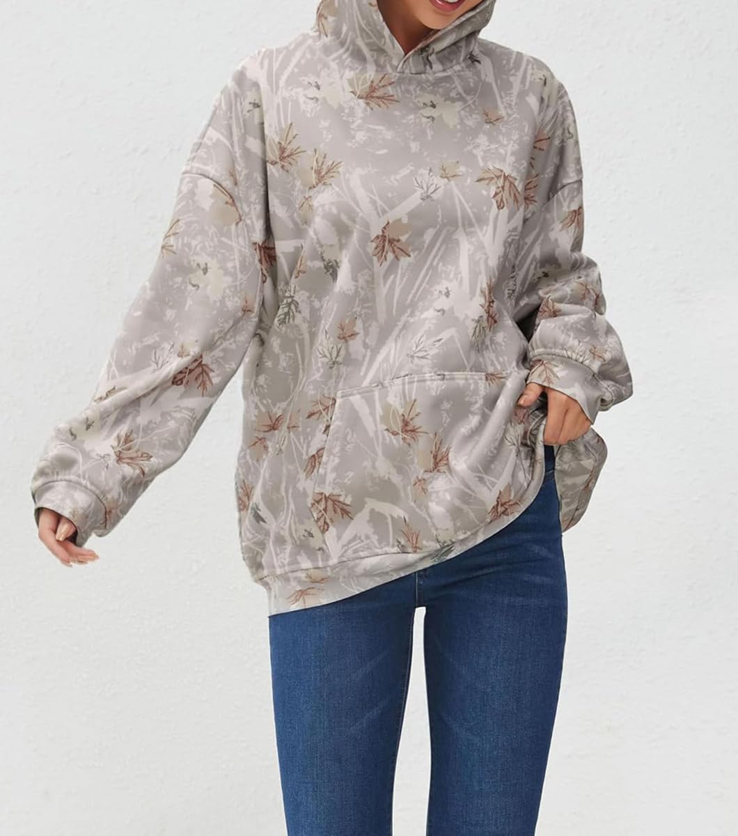 Lynkiss Womens Cotton Fleece Camo Hoodies Maple Leaf Print Oversized Hoodies Sweatshirt Pullover with Pocket - Image 4