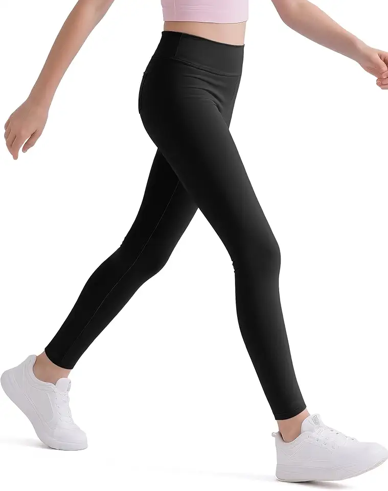HASMES Girls Athletic Leggings High Waisted Comfort Soft Elastic Yoga Dance Running Pants with Pockets Activewear