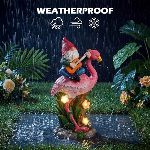 EXYGLO Solar Gnome Garden Statue Decor, 10" Gnome Riding Flamingo $12.49 AC - image 6