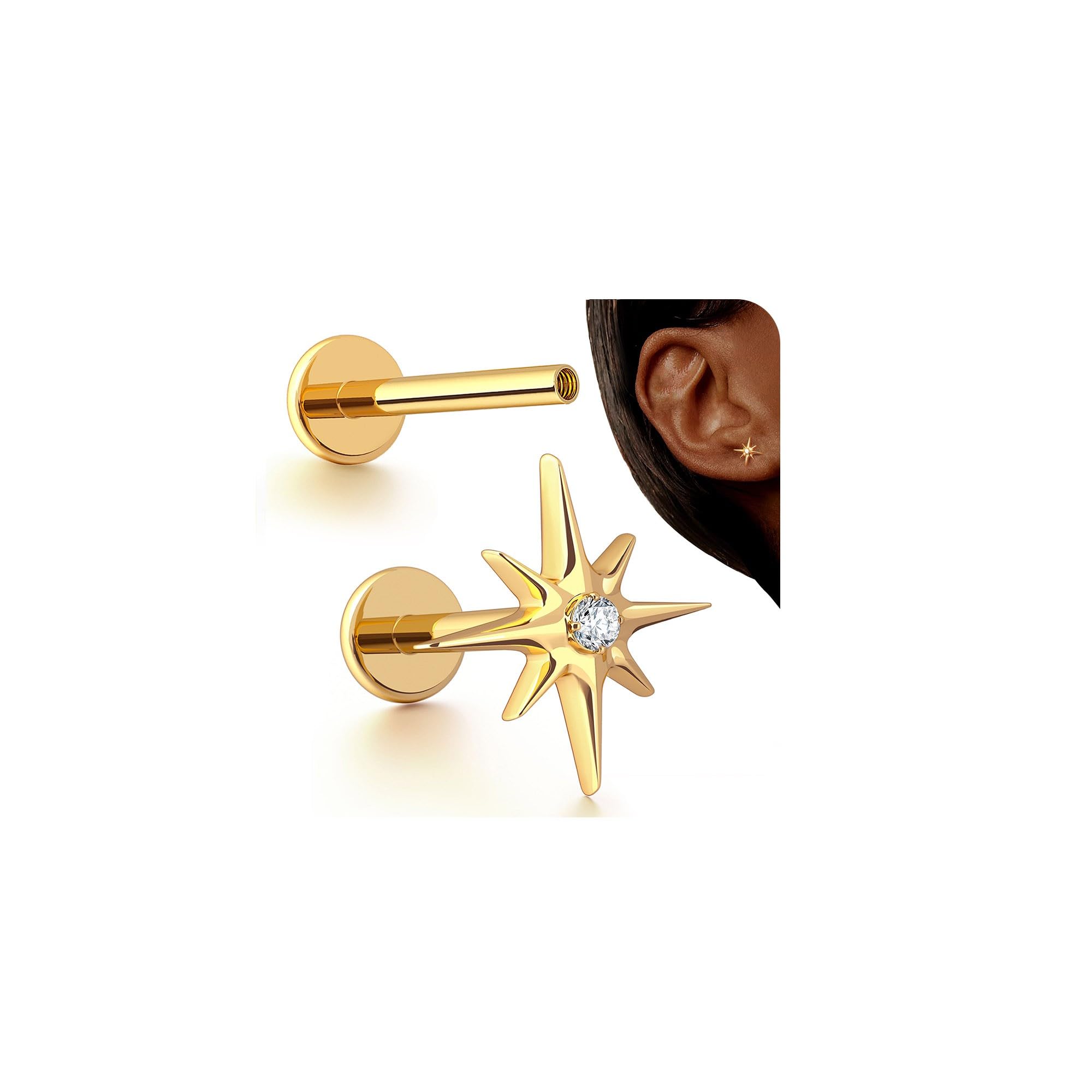 BodyBonita 16G Stud Earrings Flat Back - G23 Titanium Internal Thread Cartilage Earrings for Women Hypoallergenic CZ Stud Piercing Jewelry Tragus/Nose