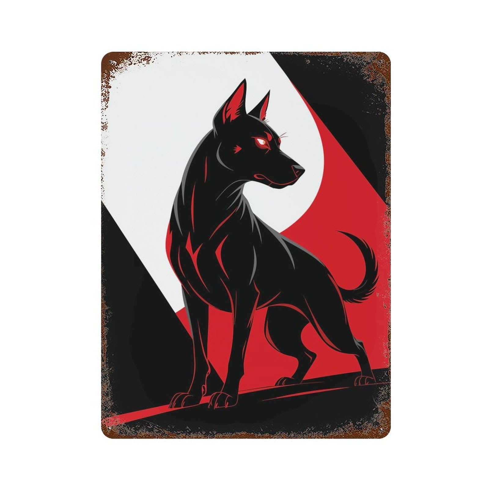 Stylized Black Dog with Red Accents Rusty Metal Tin Sign 15.7"x11.8", for Pub, Kitchen And Man Cave Decor, Farmhouse Wall Decor