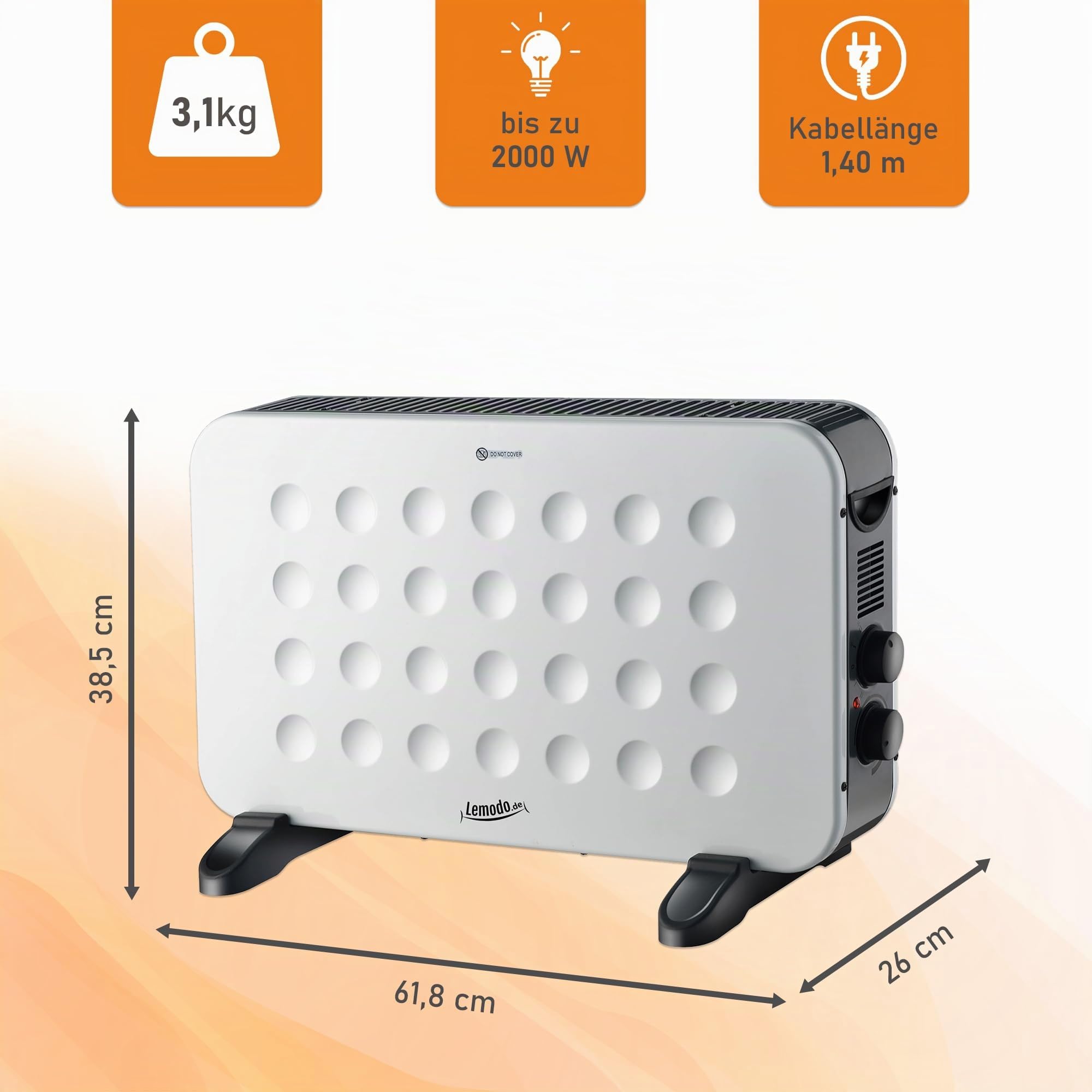 Lemodo Elektroheizung mobil, energiesparende elektrische Konvektor Heizung mit Thermostat, 2 Heizstufen 1250W / 2000W, leiser Heizkörper ohne Gas, Standgerät für Wohnung Büro Bad, Überhitzungsschutz