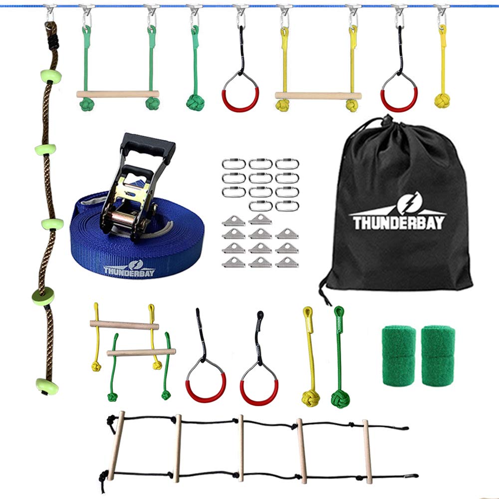 THUNDERBAY40ft Slackline Kit Including 8 Hanging Obstacles, Adjustable Buckles, Tree Protectors and Carrying Bag