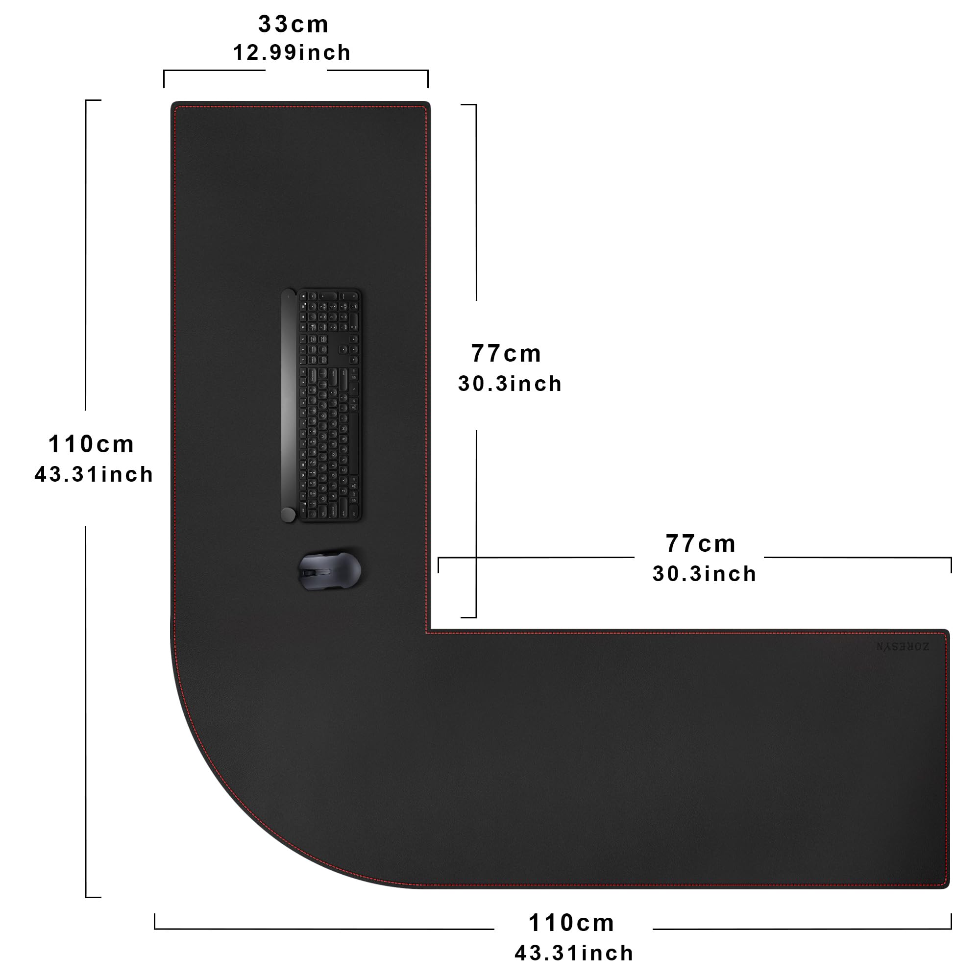 ZORESYN Podkładka na biurko w kształcie litery L (110 + 110) x 33 cm, podkładka pod mysz na biurko narożne, podkładka na biurko komputerowe, ochraniacz na biurko, duża wodoodporna narożna podkładka