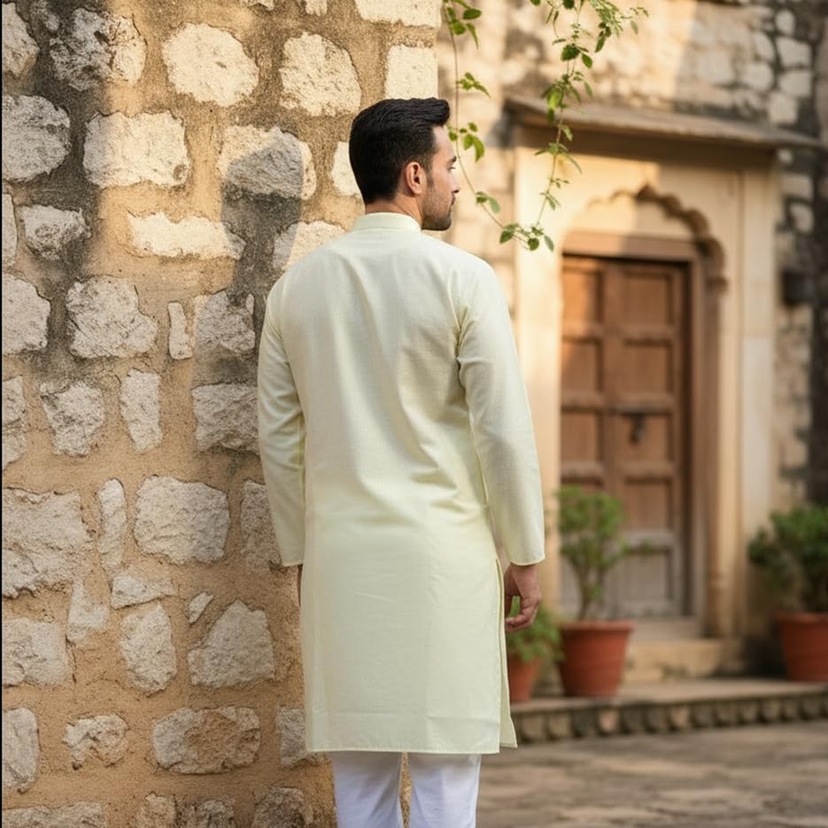 Image of Sadree Men's Cotton Long Solid Color Plain Knee Length Mandrin Collor Full Sleeve Ethnic Kurta Only