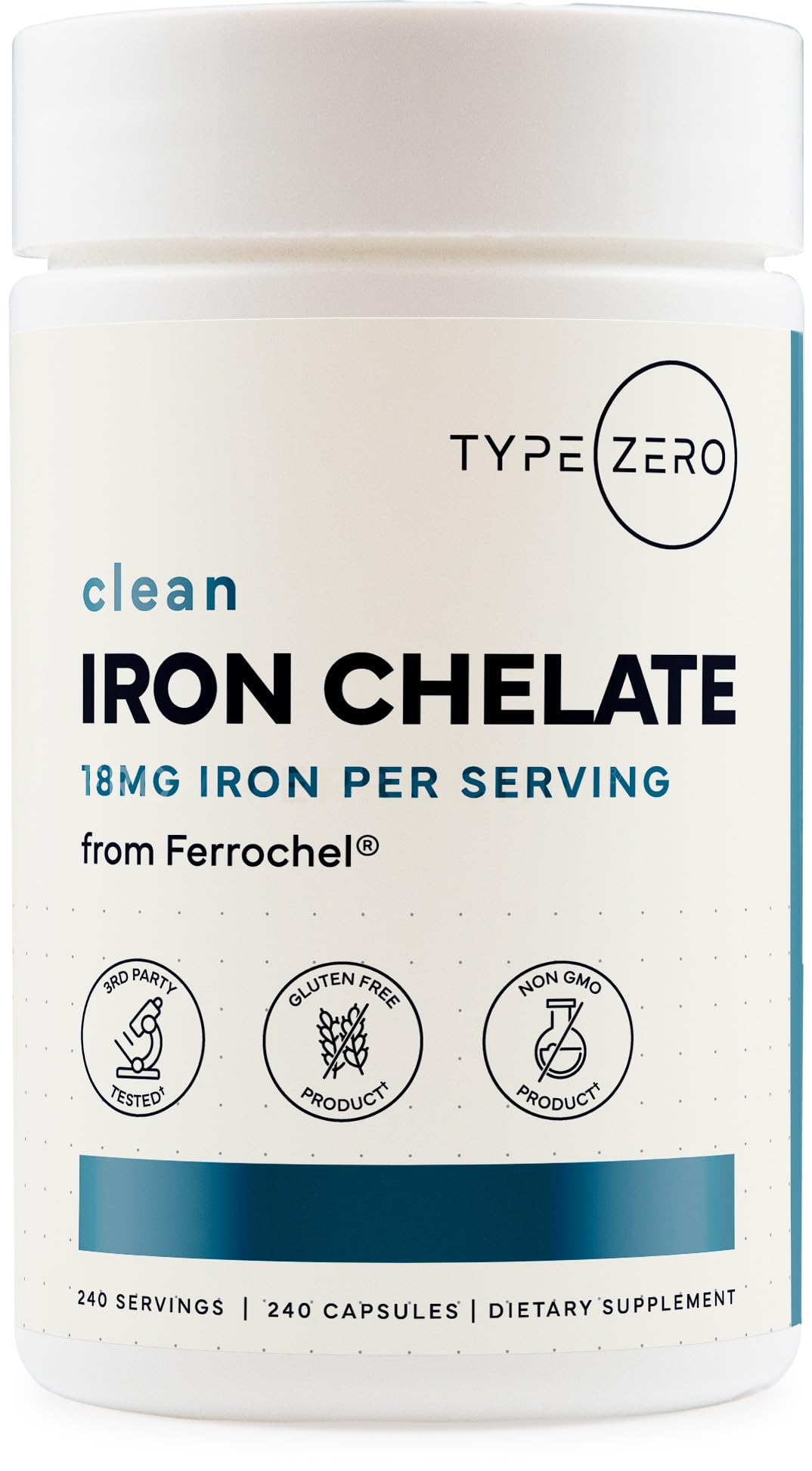 Type Zero Iron Chelate (18mg) 240 Capsules, Gluten-Free, GMO-Free