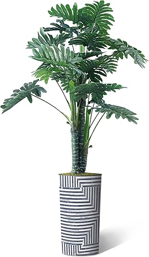 Miniatura 8 de Árbol artificial en macetero moderno con patrón geométrico, árbol de seda falso Ficus Lyrata para decoración del hogar en interiores y exteriores,