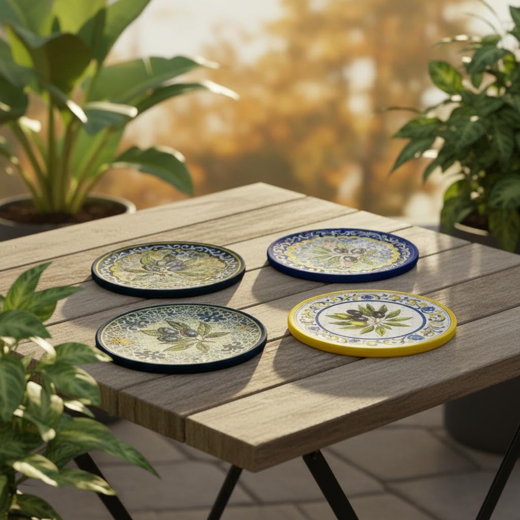 Adorno de Pared Cerámico Diseño Olivo y Lavanda, Decoración para Hogar, Set de 4 Platos Decorativos, Estilo Mediterráneo