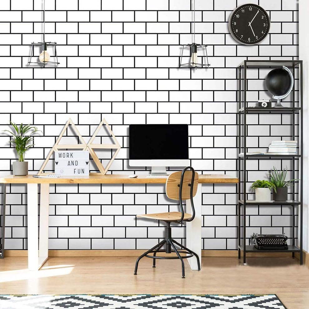 Miniatura 4 de LIFAVOVY Papel adhesivo blanco de ladrillo de 17.7 pulgadas x 32.8 pies, papel pintado autoadhesivo y extraíble para encimera de cocina, armario,