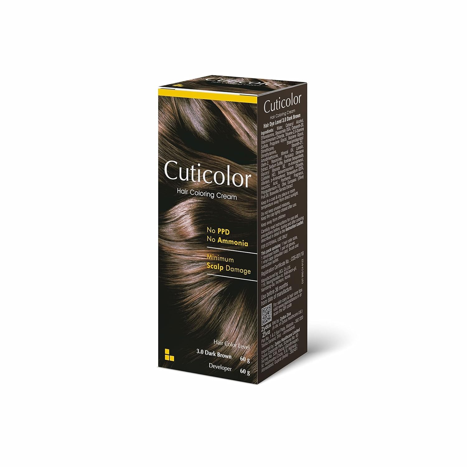 Cuticolors Hair Color Cream, Long Lasting With The Goodness Of Olive Oil 120 (60+60) gm (New Pack) No PPD, No Ammonia - Dark Brown 3.0, Pack of 1