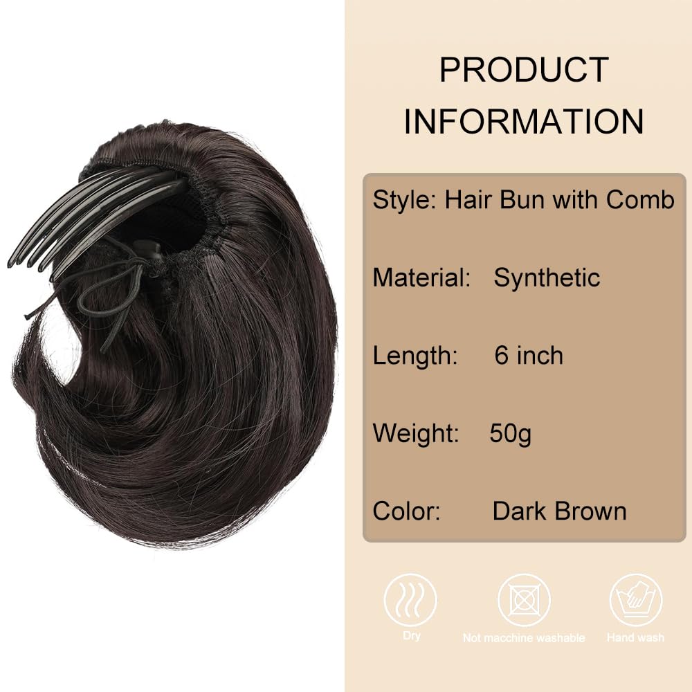 PORSMEER Dark Brown Hair Bun Ponytail Extension,Short Straight Synthetic Hairpiece Drawstring Ponytail Bun Extensions with Comb Clip in Fake Pony Tails Hairpieces for Women Daily Party - Image 2
