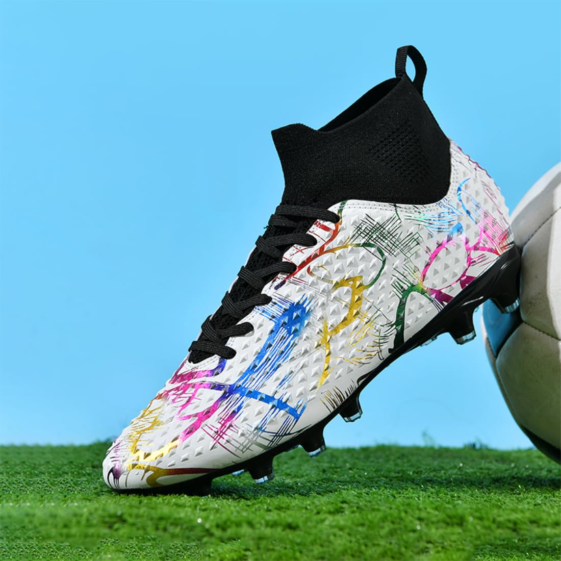 ¡Fuego Flamenco Español · Falla de Lava! Zapatos de Fútbol Alto Tobillo con Tacos AG – Diseño Étnico Control Balón, Filo Rompe Aire Corta Espinas!
