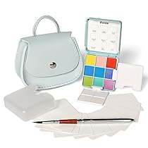 Funto Kit da Viaggio Acquerelli Tascabile, 9 Colori, Borsa in Pelle, Bicchiere per Acqua, Palette Pieghevoli e Cartoline Mini, Mini Pittura per Arte