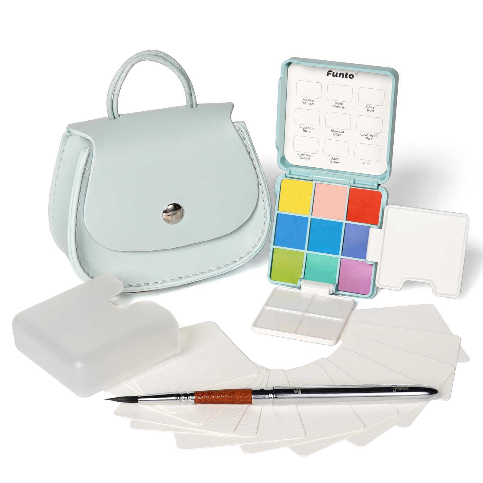 Funto-Taschen-Wasserfarben-Set, Reise-Mal-Kit mit 9 Farben, Leder-Schultertasche, Farbwasserbecher,2 faltbare Paletten und Mini-Wasserfarbenseiten