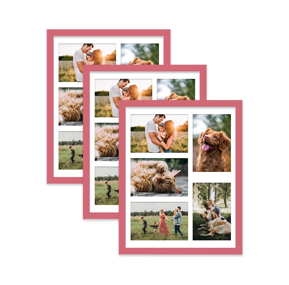 Pink Multi Photo Frame - Holds 5 x 6x4 Pictures, Family Collage Picture Frame for Wall Display, 14x11 Frame size, Set of 3
