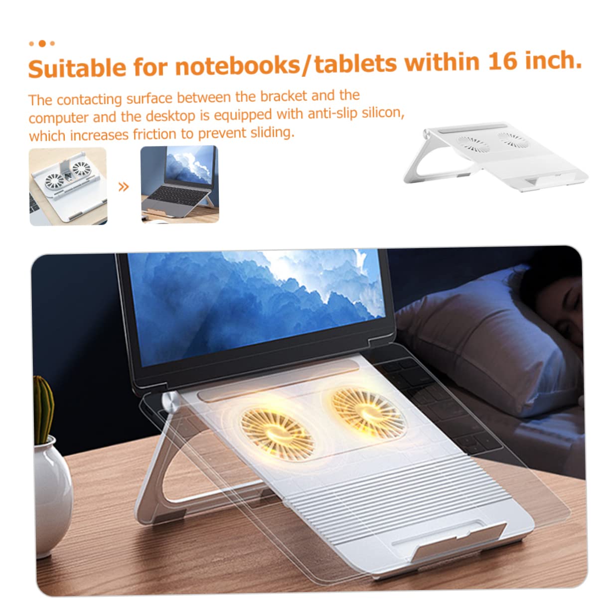 Soporte para Portátil Ventiladores Duales y Diseño Triangular de Abs y Silicona, Soporte Elevador Plegable Fuerte Ventilación para Computadora y Notebook