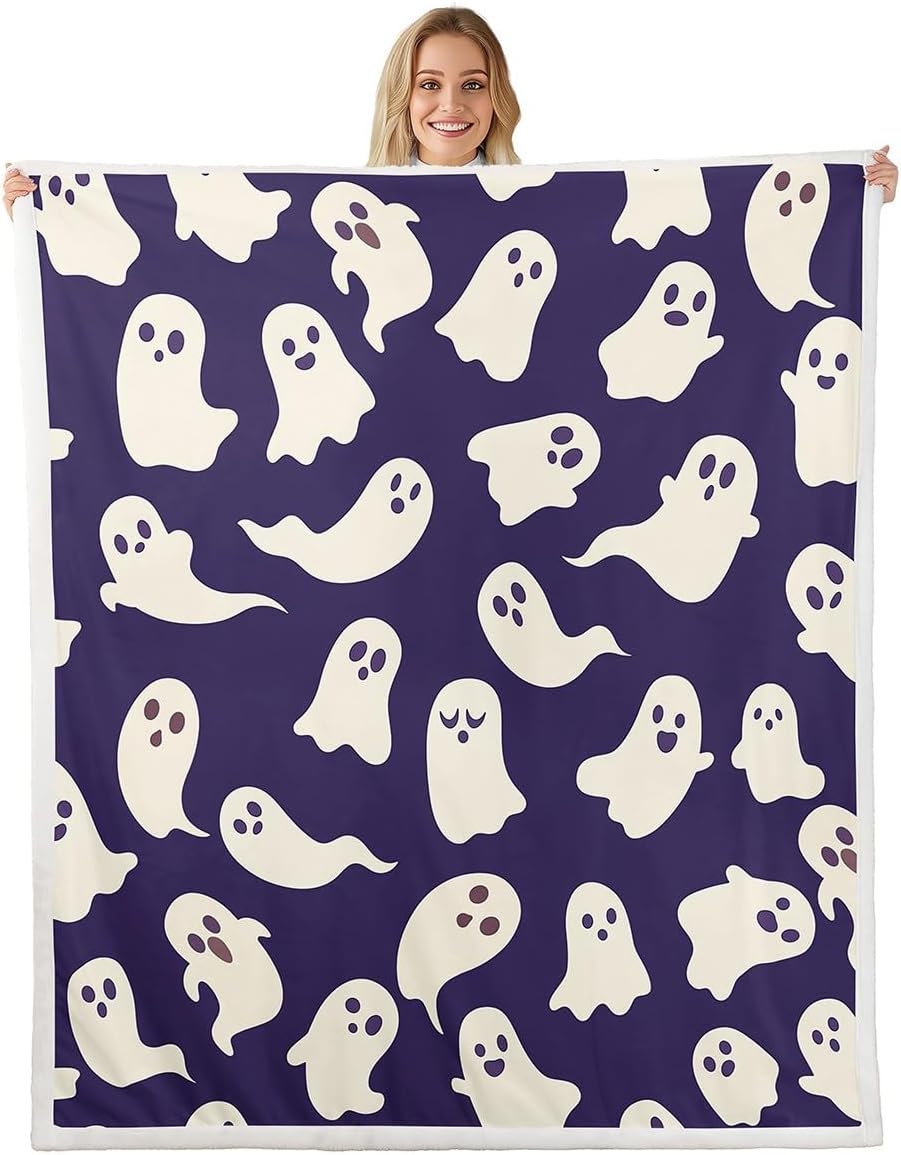 Castle Fairy Happy Halloween Plush Blanket,Cute Ghost Cartoon Silhouette Bed Blanket Home Decor Gift,Purple White Color Modern Style Fuzzy Blanket Office Chair, X Size (40 x 50 Inch)