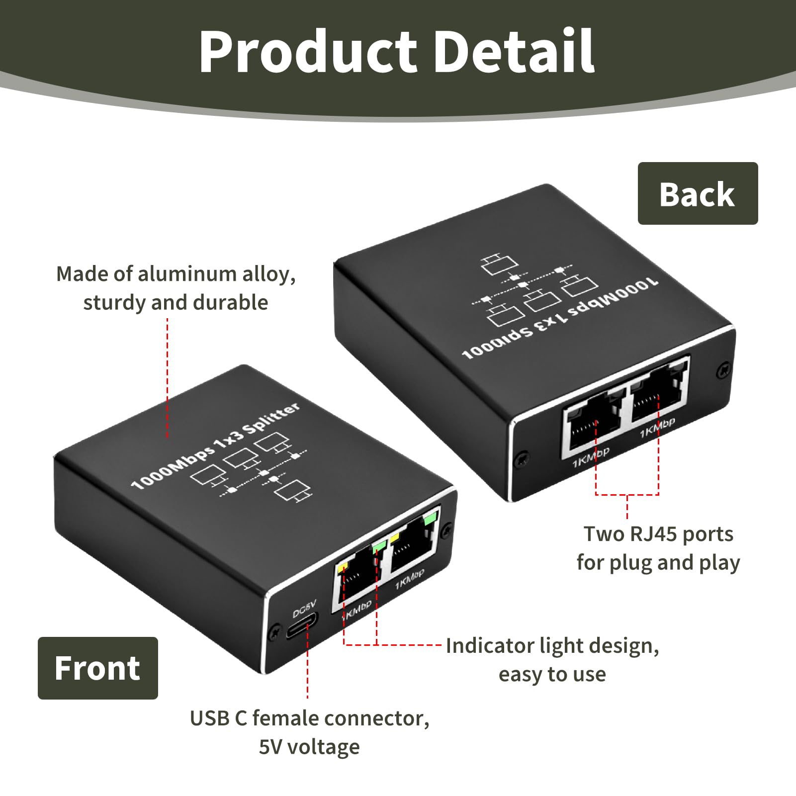 LAN Switch 1 Auf 3, LAN Splitter 1 Auf 3 Gigabit Ethernet Splitter 1000Mbit s, Netzwerk Verteiler mit USB C Stromkabel, Aluminium RJ45 Switch kompatibel mit Router PC TV Set Top Box Cat8 Cat7 Cat6