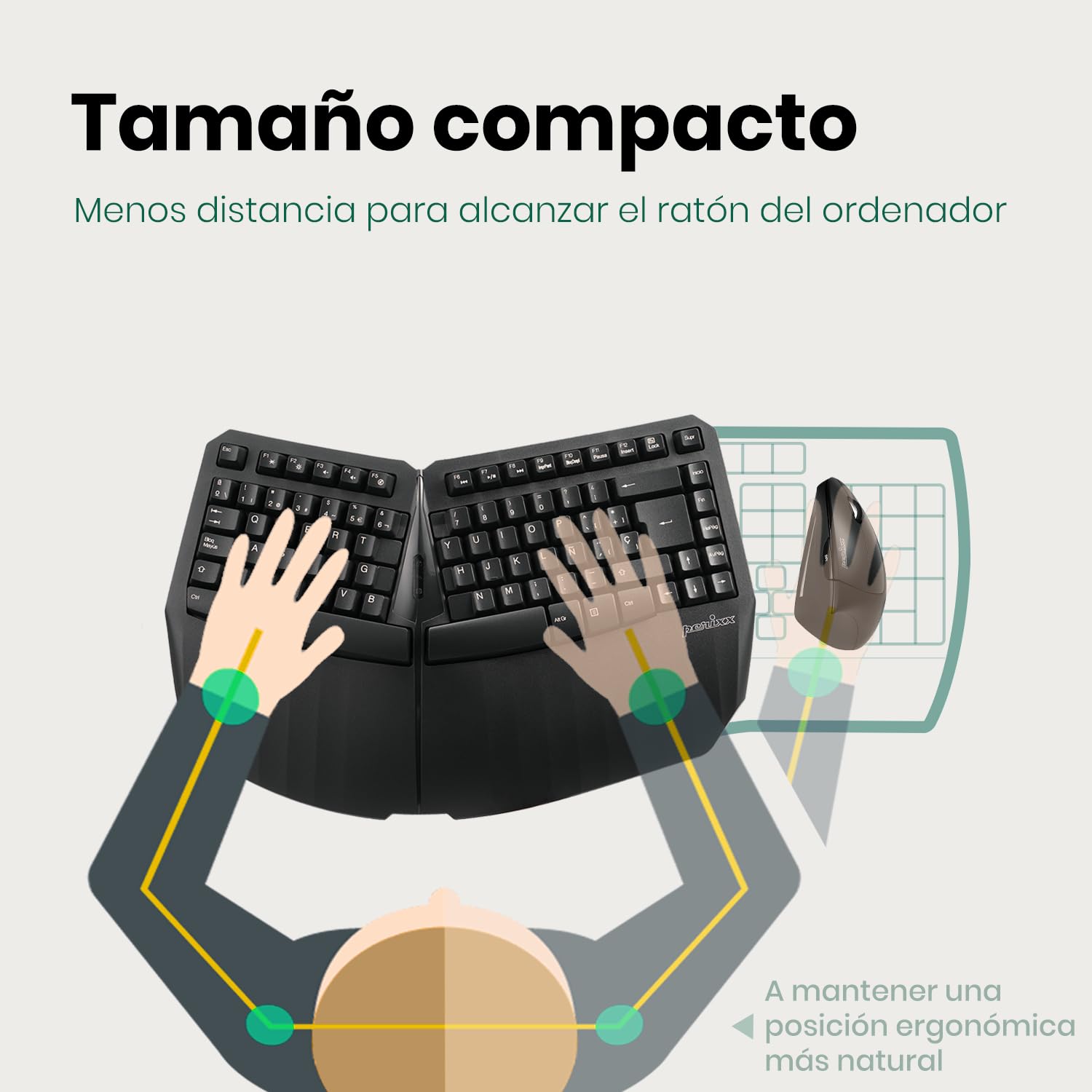 Perixx PERIBOARD-613B Mini tastiera ergonomica wireless con doppia modalità 2.4G e Bluetooth, compatibile con Windows 10 e Mac OS X System, Nero, Layout spagnolo