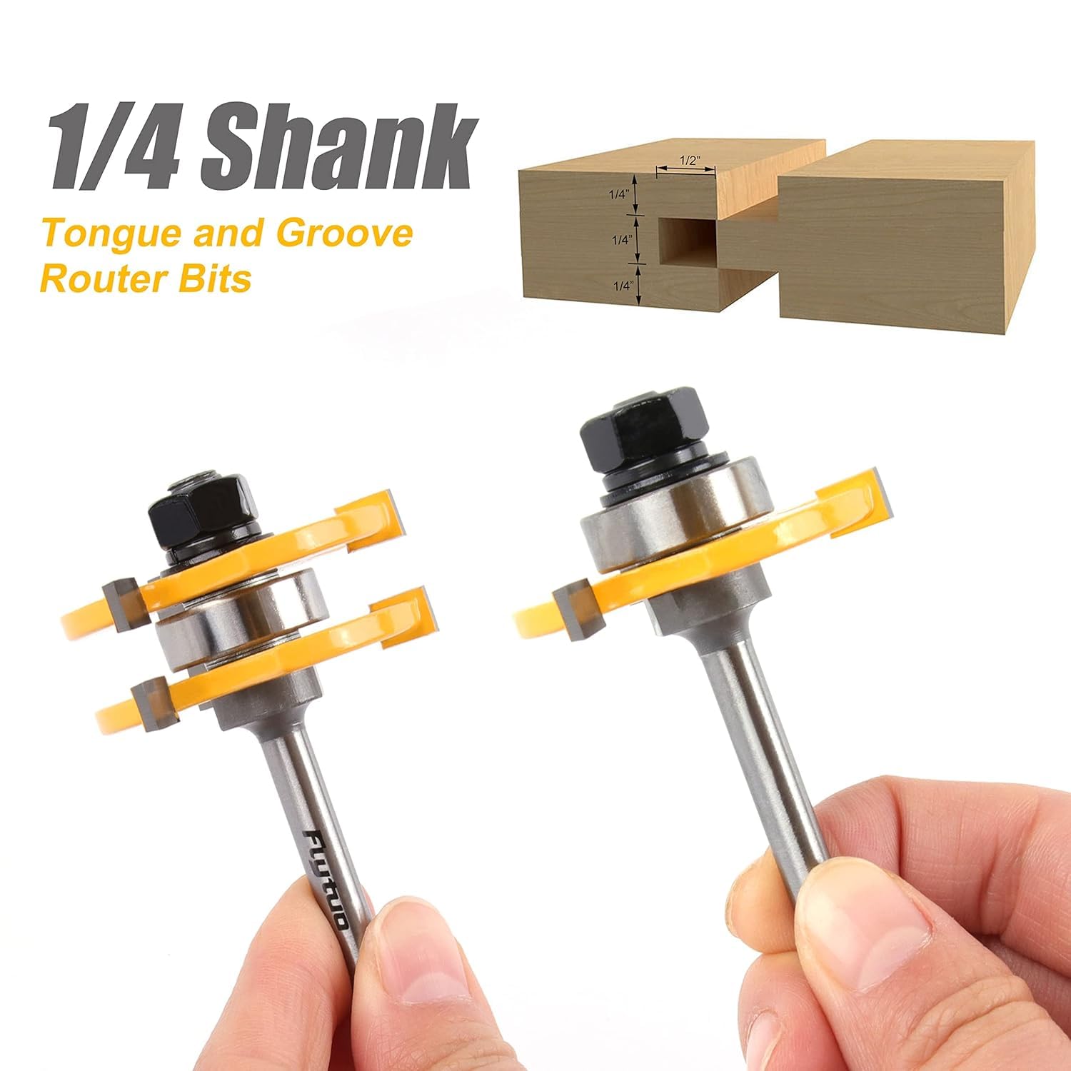 2PCS Tongue and Groove Set 1/4 Inch Shank Router Bit Set, 3 Teeth Adjustable T Shape Wood Milling Cutter
