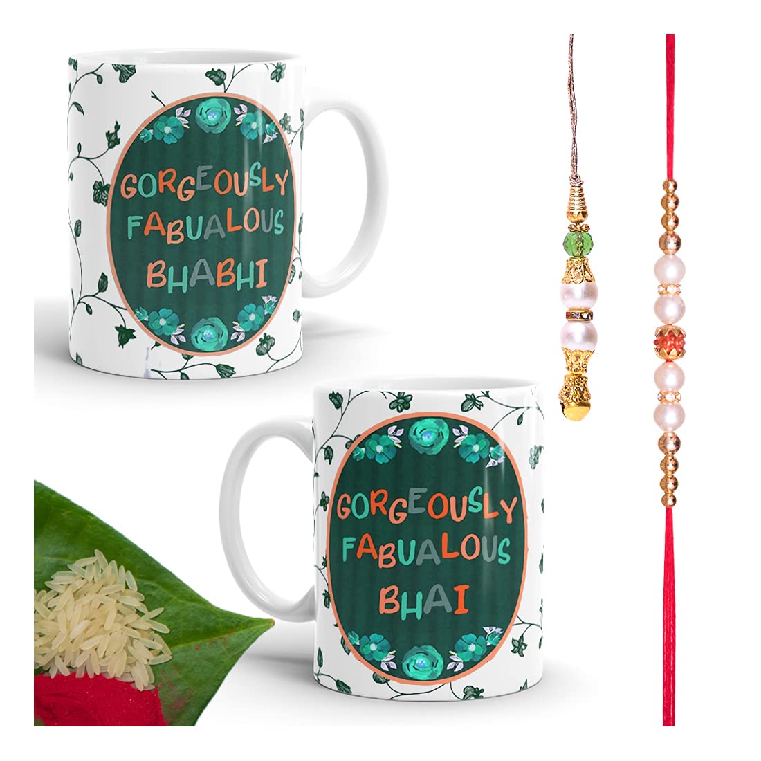 PRAMONITA Gorgeously Fabualous Bhai Gorgeously Fabualous Bhabhi Lumba Rakhi for Bhaiya Bhabhi Gift Set of 2 Printed Coffee Mug with Roli Chawal(BB-04-LC-VB)