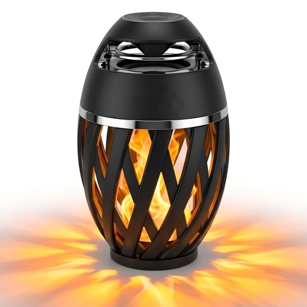 Zewnętrzny głośnik Bluetooth ze światłem płomieniowym, bezprzewodowa lampa stołowa LED, wodoszczelność IP65, dźwięk stereo na taras, do ogrodu, na kemping, prezent urodzinowy dla mężczyzn (bez drążka)