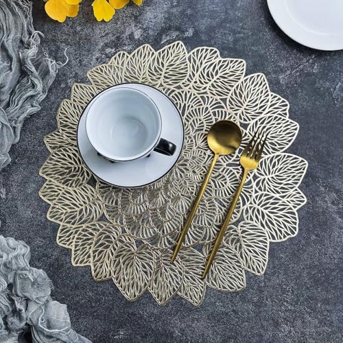 Set de table 38cm lot de 4 napperons dorés ronds évidés en PVC lavable - 3