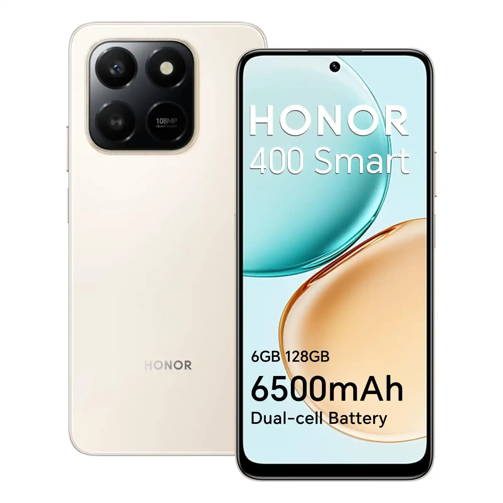 HONOR 400 Smart 4G Smartphone 6 GB 128 GB, 6500-mAh-Akku, 6,77-Zoll-Bildschirm mit Fallschutz IP54, Snapdragon 685, 108-MP-Hauptkamera, Android 15, Dual-SIM, NFC, Gold