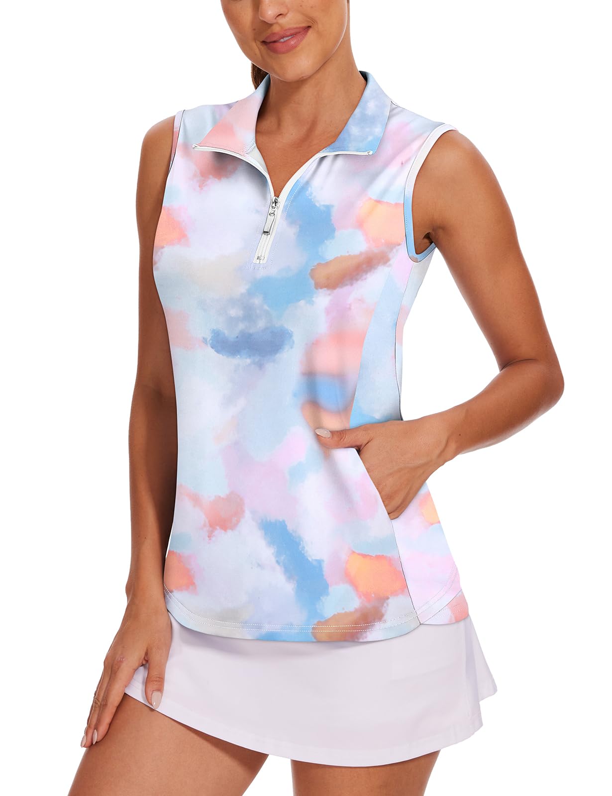 Tanst Sky Womens Sleeveless Golf Shirt Zip Up Workout Tops with Pockets
