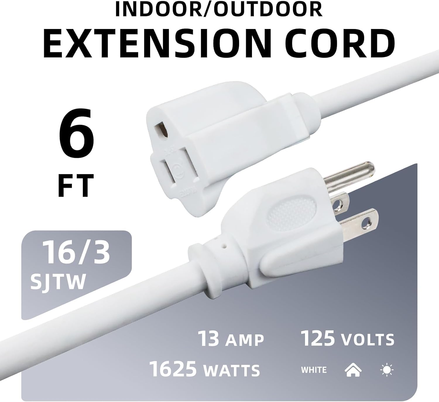 EP 6 Ft Outdoor Extension Cord - 16/3 SJTW White Electrical Cable with 3 Prong Grounded Plug, UL Listed