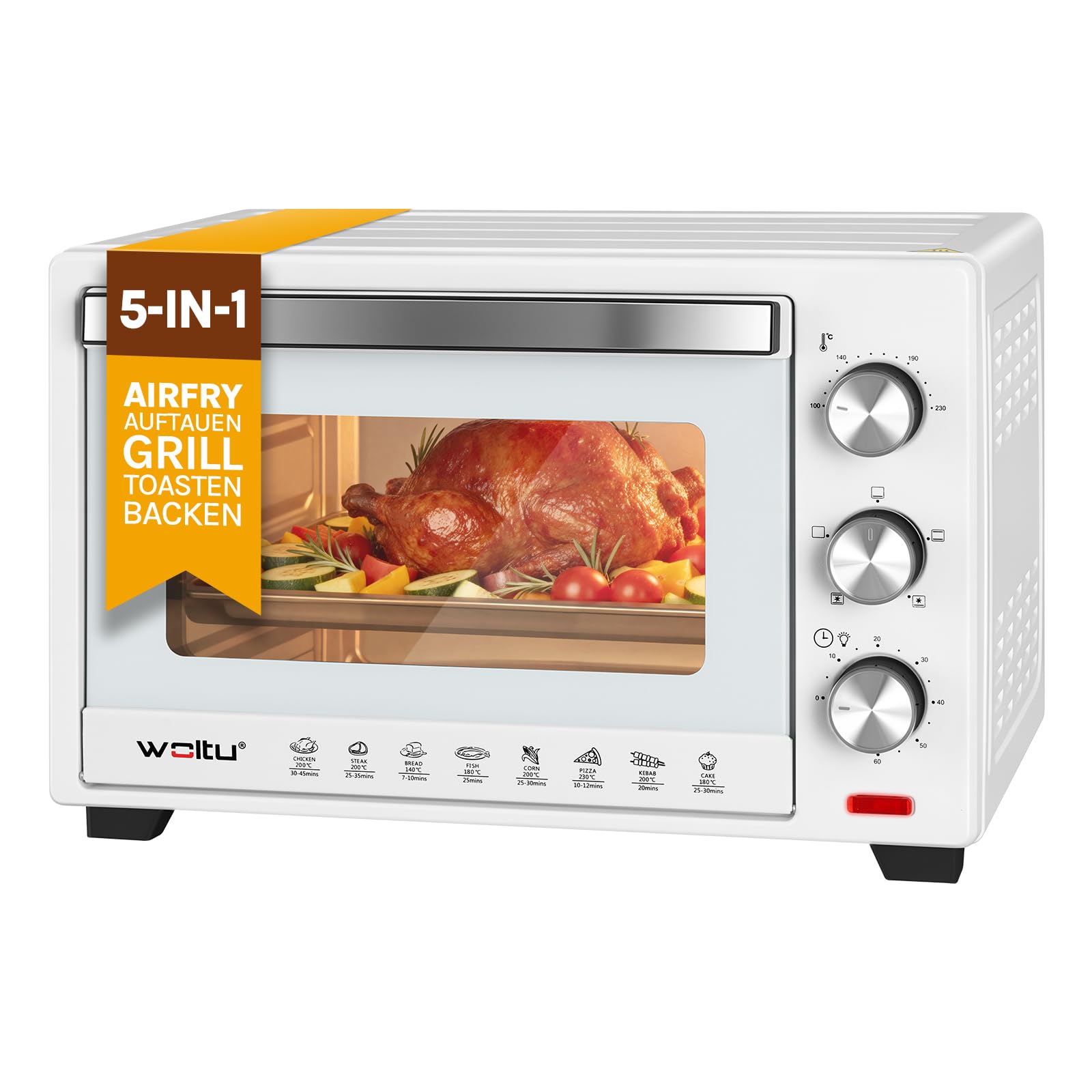WOLTU Fornetto Elettrico 28L 1600W Temperatura 100-230°C Timer 0-60min Doppio Vetro Bianco