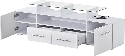Miniatura 4 de Soporte de TV LED, centro de entretenimiento de alto brillo, soporte de televisión de doble mesa con 2 gabinetes, 2 cajones y mesa consola de
