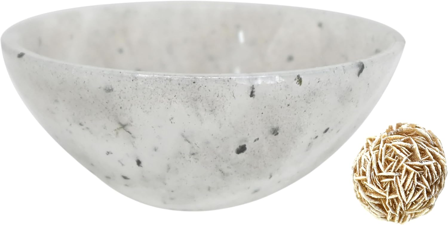 Natural Moss Agate Bowl Stone 2 Inche with Small Rose Desert Selenite