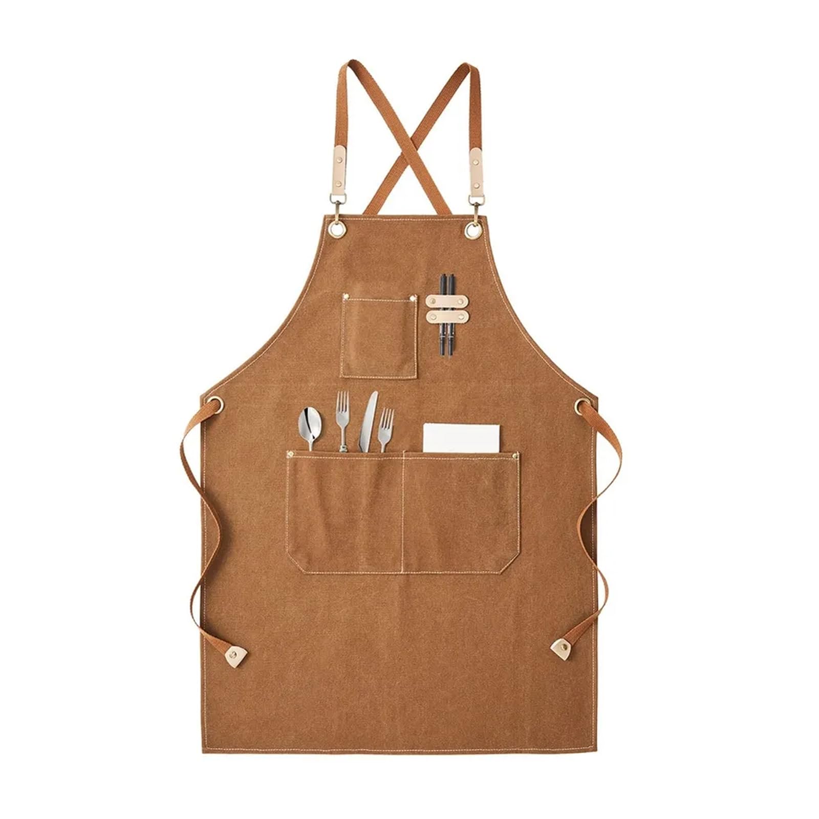 Godneei Heavy Duty Work Apron with 3 Pockets for Men & Women, Antifouling Canvas Tool Apron, Adjustable Neck & Waist Straps for BBQ, Cooking, Gardening, DIY, Brown, 127 cm