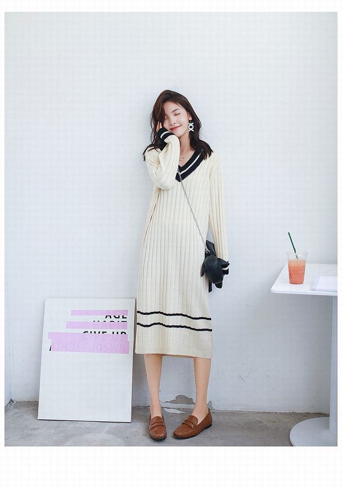 LQZ Set Di Maglioni da Donna Di Autunno e Inverno Del Collare V Nella Lunga Sezione Di Abito a Maniche Lunghe,Beige,Tutto il codice
