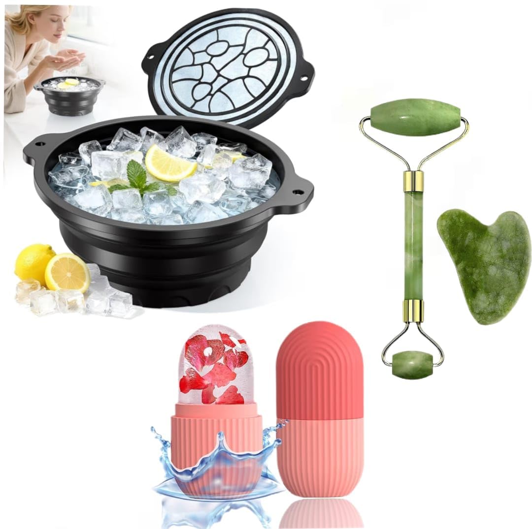 BLUE CRANE Ice Face Bowl Facial Icing Set with Ice Roller, Jade Roller & Gua Sha Tool – Silicone Ice Face Bath Bowl for Skin Tightening, Puffiness Relief, Pore Minimizing & Glowing Skin