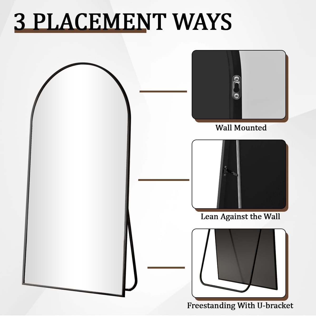 VooBang 24 x 65 inch Arched Full Length Mirror, Black Arch Floor Mirror Full Length with Stand, Full Body Standing Mirror for Living Room, Bedroom, Hanging or Leaning Against The Wall - Image 4