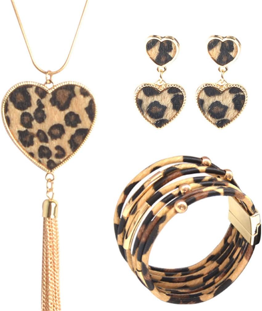 YAZILIND 3 Pieces Leopard Jewelry Set Leopard Leather Bracelet Dangle Earring Necklace for Women