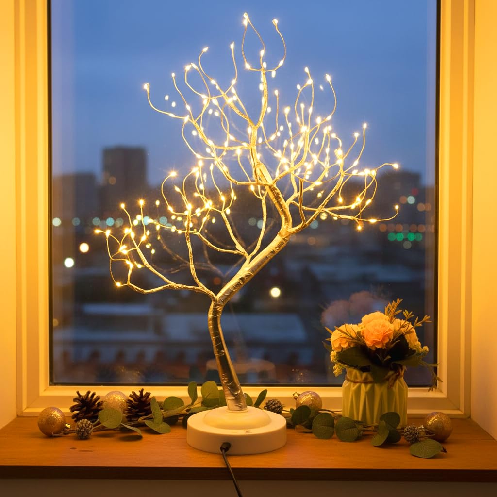 FuChsun Bonsai Tree Light 108 LED Warm White Shimmer Silver Branches Battery and USB Operated (Warm White Glow Silver Branch)