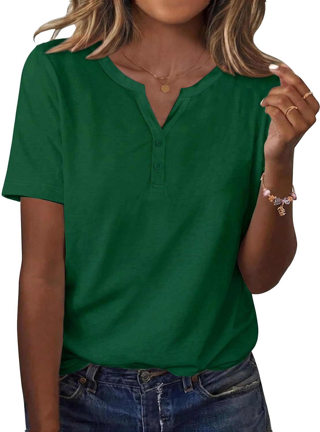 YUTILA Damen T-Shirt Kurzarm Henleyshirt V-Ausschnitt Knopfleiste Baumwolle Sommer Oberteil Basic Casual Einfarbig Locker Shirt