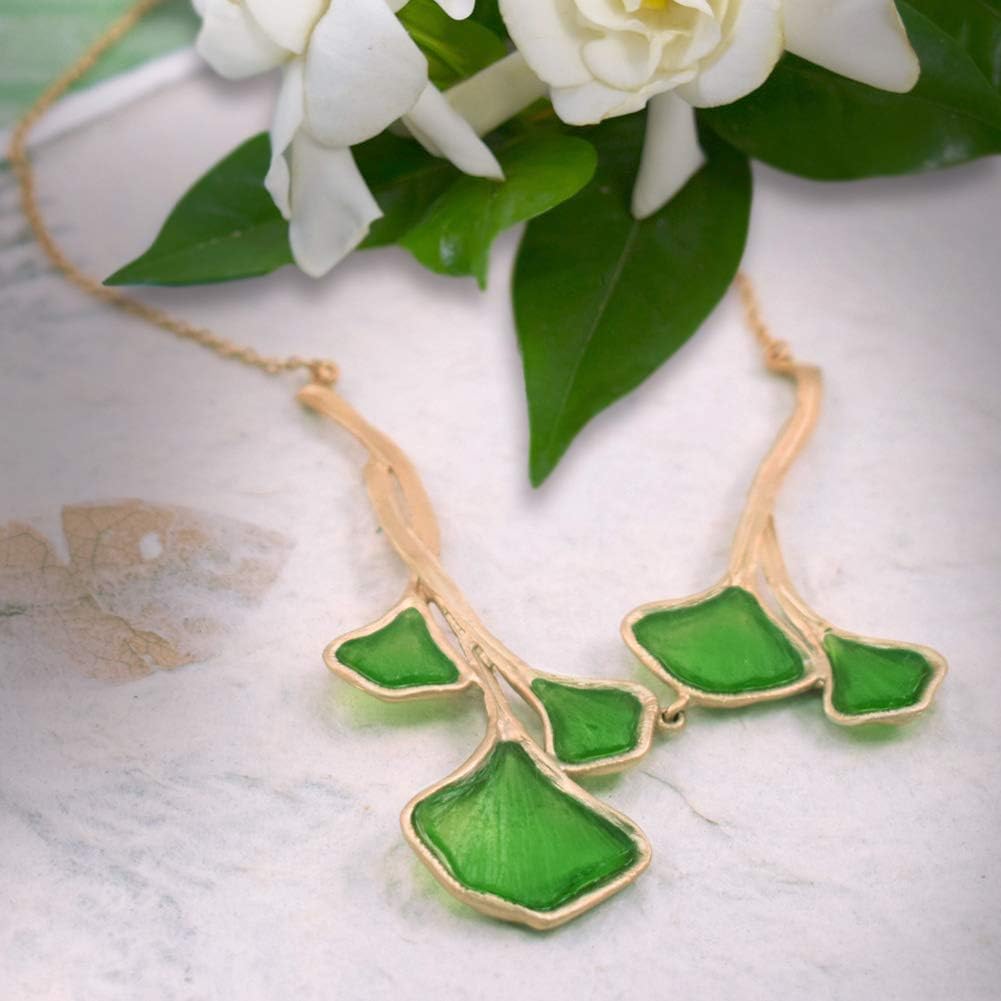 American Handmade Cast Artisan Glass & Gold-Plated Green Ginkgo Leaf Necklace