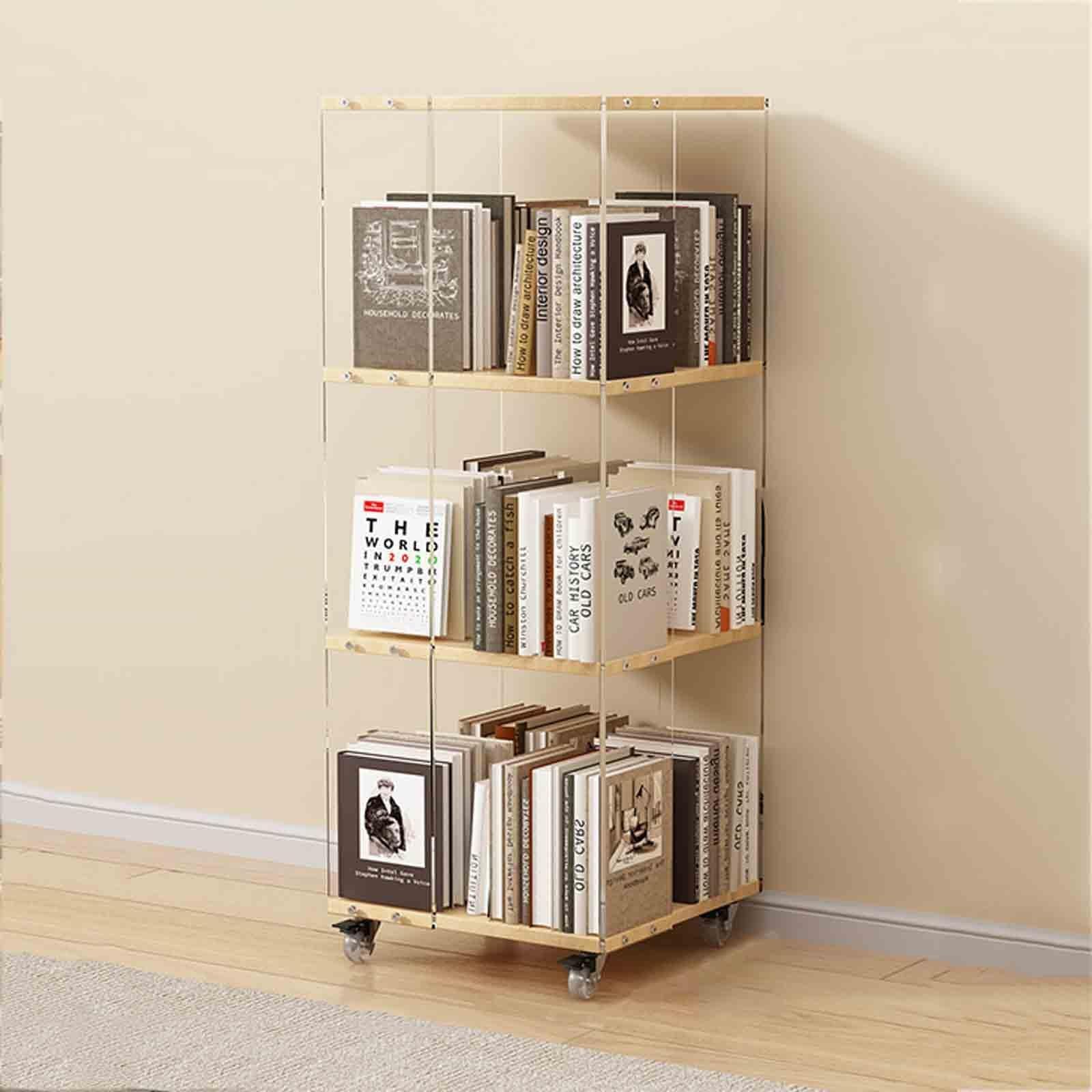 Étagère à livres rotative 360 en acrylique avec roulettes pour un rangement mobile
