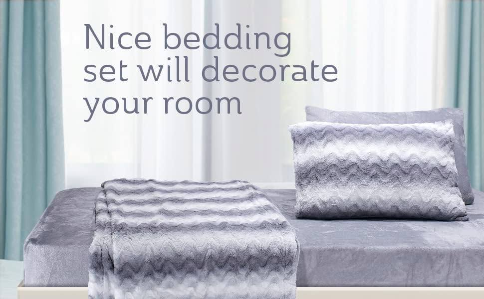 Miniatura 7 de Juego de ropa de cama de 4 piezas de felpa de terciopelo extra suave, tamaño individual, sábana de microfibra ultrasuave de lujo, con 2 fundas de