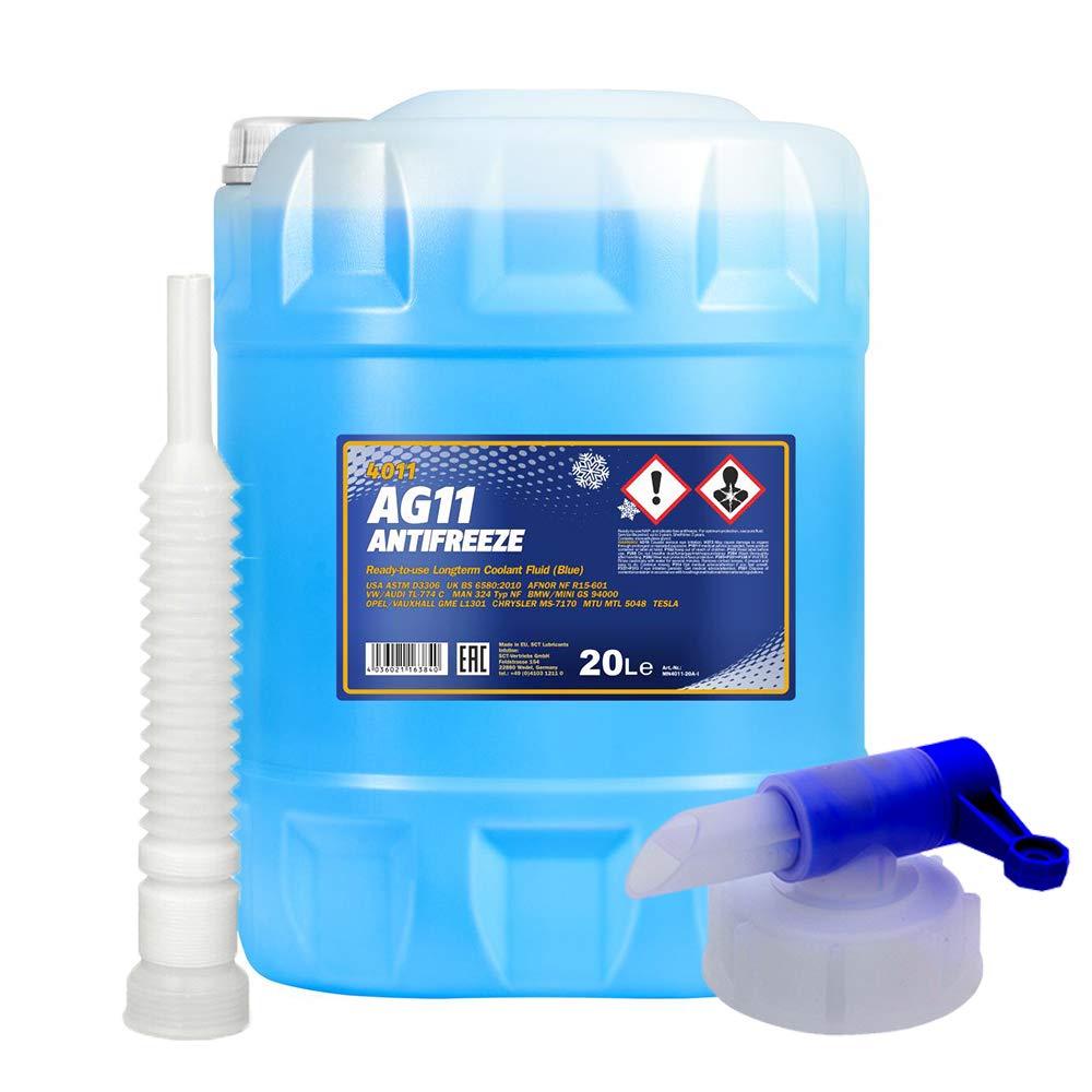MANNOL 20 Liter, AG11-40 KÜHLERFROSTSCHUTZ FERTIGMISCHUNG BLAU + HAHN + Schlauch