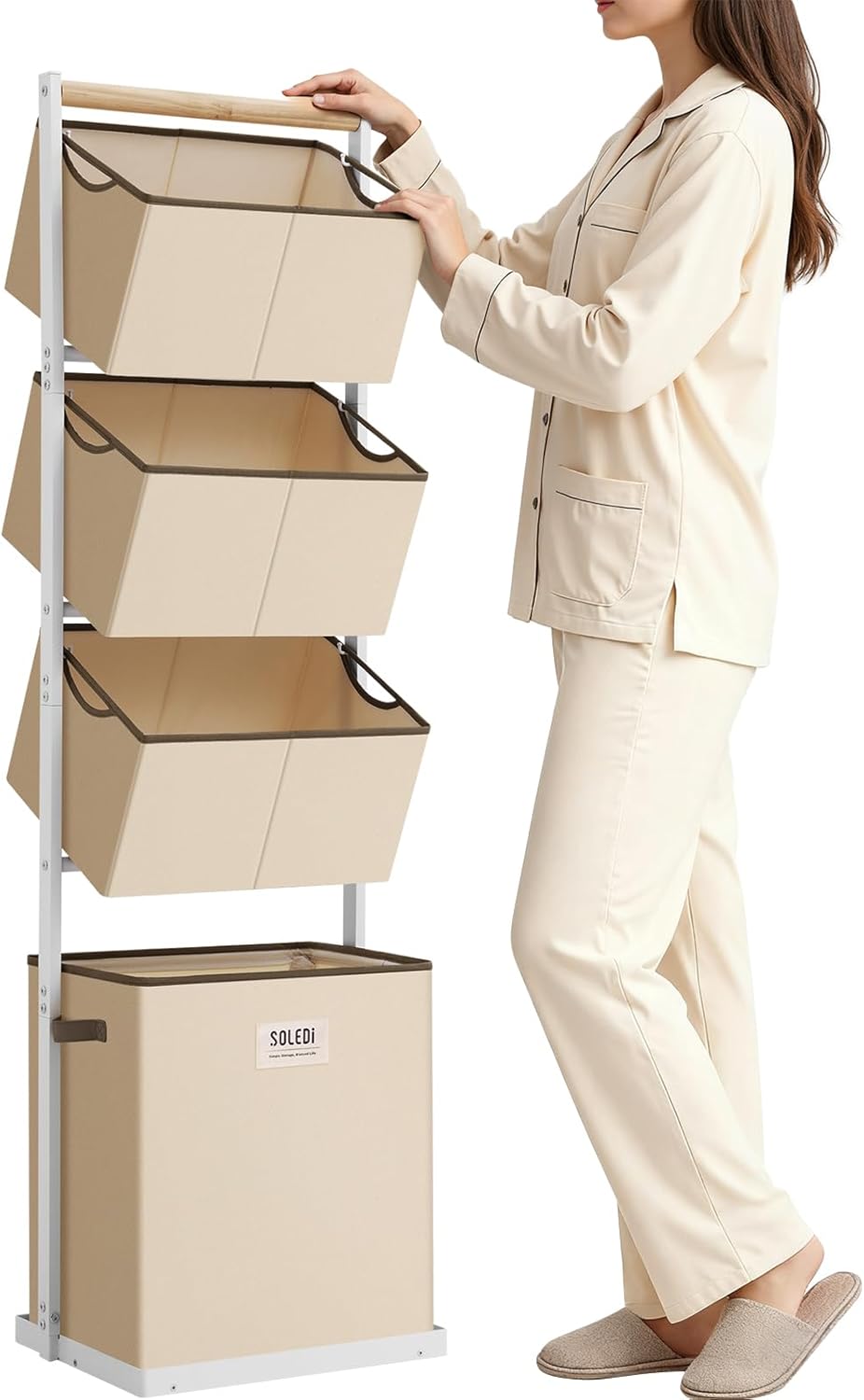 SOLEDI 4 Section Laundry Hamper Sorter, Stackable Laundry Basket Organizer with Removable Basket, 125L 4-Tier Vertical Laundry Sorter for Small Space, Laundry Room, Dorm, Bathroom, Wardrobe Beige