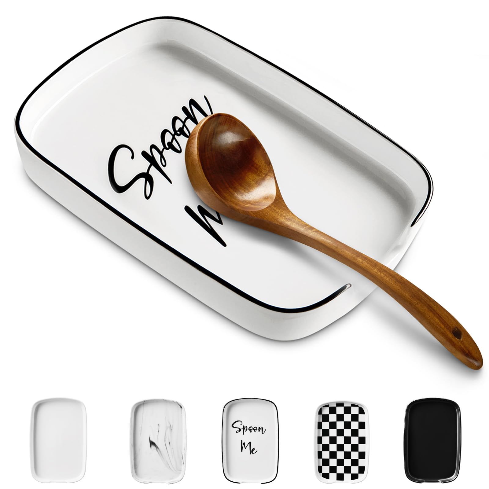ABRUTY Spoon Rest for Stove Top Ceramic Spoon Holder for Kitchen Counter Modern Farmhouse Kitchen Decor Accessories for Spatula Spoons or Tongs (F-Text