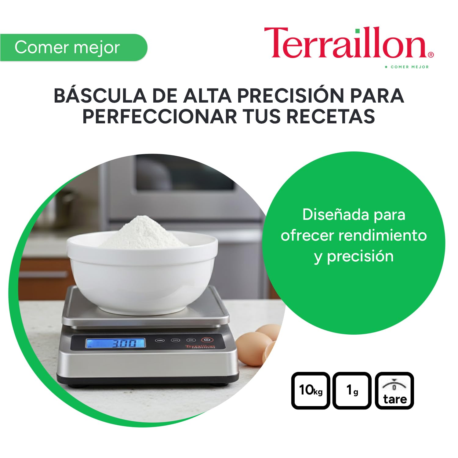 TERRAILLON PRO 10 - Báscula de cocina electrónica profesional, amplia bandeja extraíble de acero inoxidable, 29 x 18 cm, IP67, capacidad 10 kg, graduación 1 g, pantalla LED retroiluminada, acero