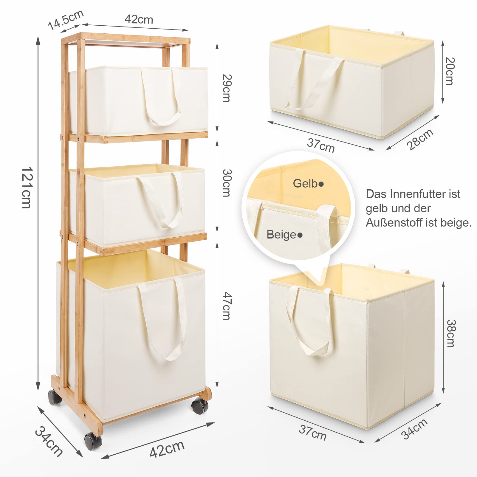 Yorbay Cesta Portabiancheria in Bambù con Ruota, 3 Ceste Estraibili, Cesto per Vestiti Sporchi, Scaffalatura Portaoggetti per Bagno Camera, Mobile, 121x34x42cm, Beige