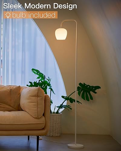 Miniatura 2 de ONEWISH Lámpara de pie blanca, moderna lámpara de pie para sala de estar, dormitorio, pantalla de lámpara de cristal opal, bombilla LED incluida,