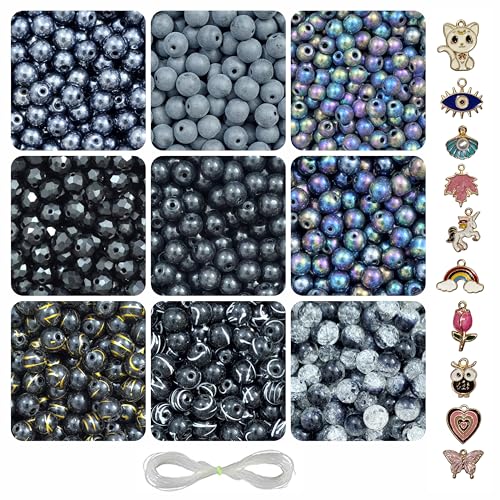 Image of 10 Pcs Charms + 290 Pcs Black Glass Beads for Jewellery Making Kit - Glass Beads for Bracelet Making Kit - Bead Craft - 8mm